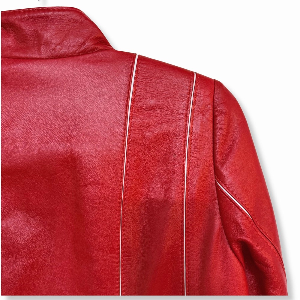 Savvidis Red Genuine Leather Jacket Womens L Handmade Greece Thriller Moto 1980s - Picture 7 of 9